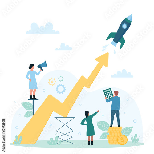 Success business startup vector illustration. Cartoon tiny people launch fast rocket with chart arrow growth, entrepreneur characters start new ideas, power breakthrough of innovation project