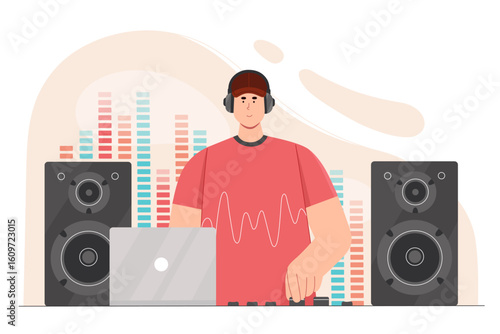 Sound engineer at work in studio vector illustration. Cartoon man composer working with multimedia software, mixing and composing electronic music with digital equipment. Audio production concept