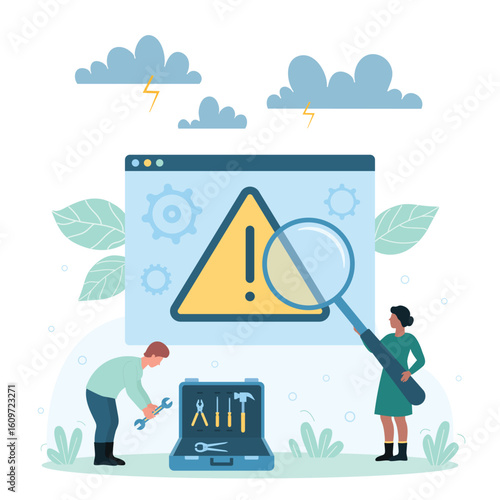 System error of software vector illustration. Cartoon tiny people repair disconnect problem, characters update and upgrade computer with warning status on screen, search troubles with magnifying glass