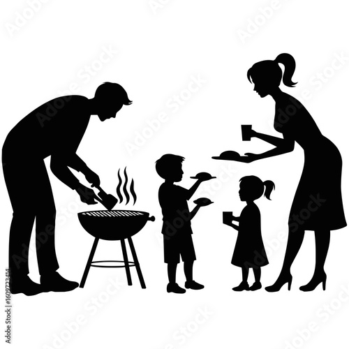 Silhouette of family at a barbecue grill