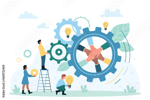 Effective cooperation of strong dedicated team, enterprise development and teamwork vector illustration. Cartoon tiny people holding light bulbs and working with moving gears, collaboration of workers