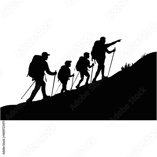 Silhouette of family hiking up the mountain