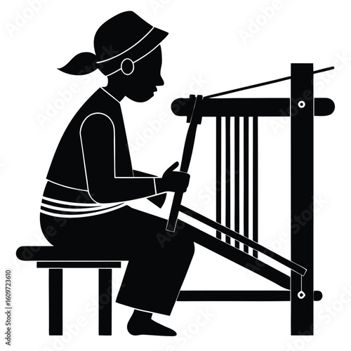 Silhouette of a woman weaving on a loom traditional craft and textile production monochrome art illustration
