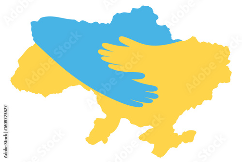 Hands embrace Ukrainian map yellow blue flag colours concept vector illustration. Support help love Ukraine in fight for freedom against agression.