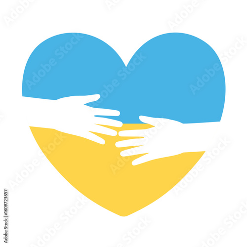 Hands hug blue yellow ukrainian heart shape peace concept vector illustration. Support help love Ukraine in fight for freedom against agression.