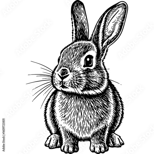 Rustic Woodcut Style Black and White Rabbit Illustration. Vintage Engraving of a Cute Bunny, Animal Artwork, Old-Fashioned Print