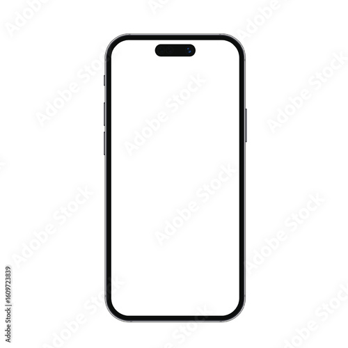 Realistic phone mockup for any project vector illustration. New trendy version of black thin frame dynamic island display smartphone with blank white screen.