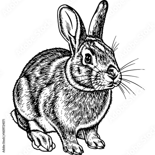 Rustic Woodcut Style Rabbit Illustration. Vintage Engraved Bunny Sketch in Black and White, Hand-Drawn Design Element.