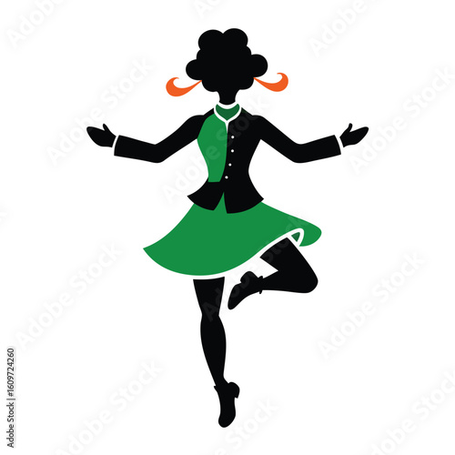 Silhouette of an irish dancer in a traditional green dress performing a dynamic dance move on white background