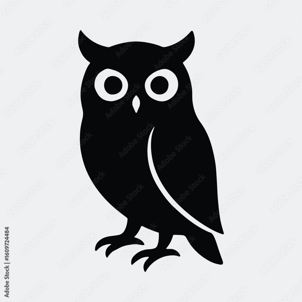 Fototapeta premium Silhouette owl standing upright flat simple icon vector illustration