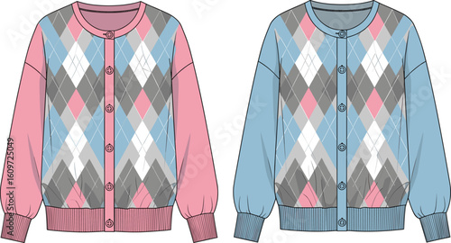 Stylish Argyle Pattern Cardigans in Pink and Blue, Perfect for Fall Fashion