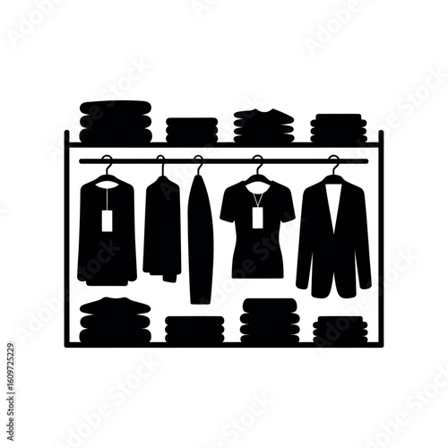 Black silhouette of a clothing rack with folded and hung garments black and white wardrobe