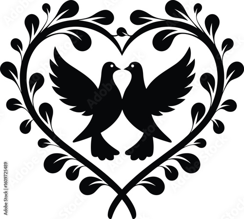 A beautiful illustration featuring two love birds facing each other, framed by an ornate heart shape adorned with swirling vines and leaves. This elegant design captures the essence of romance.