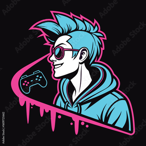 Cool Gamer Mascot with Neon Colors and Game Controller – Esports Avatar Illustration