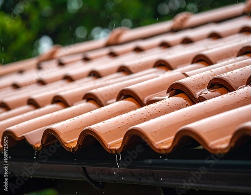Rain-drenched terracotta roof tiles
