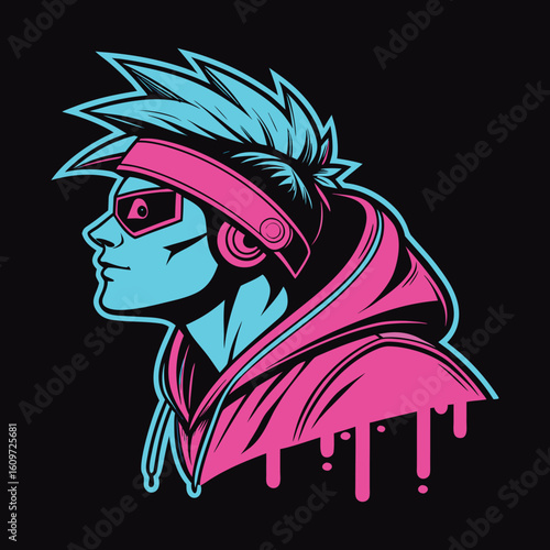 Cool Gamer Mascot with Neon Colors and Game Controller – Esports Avatar Illustration