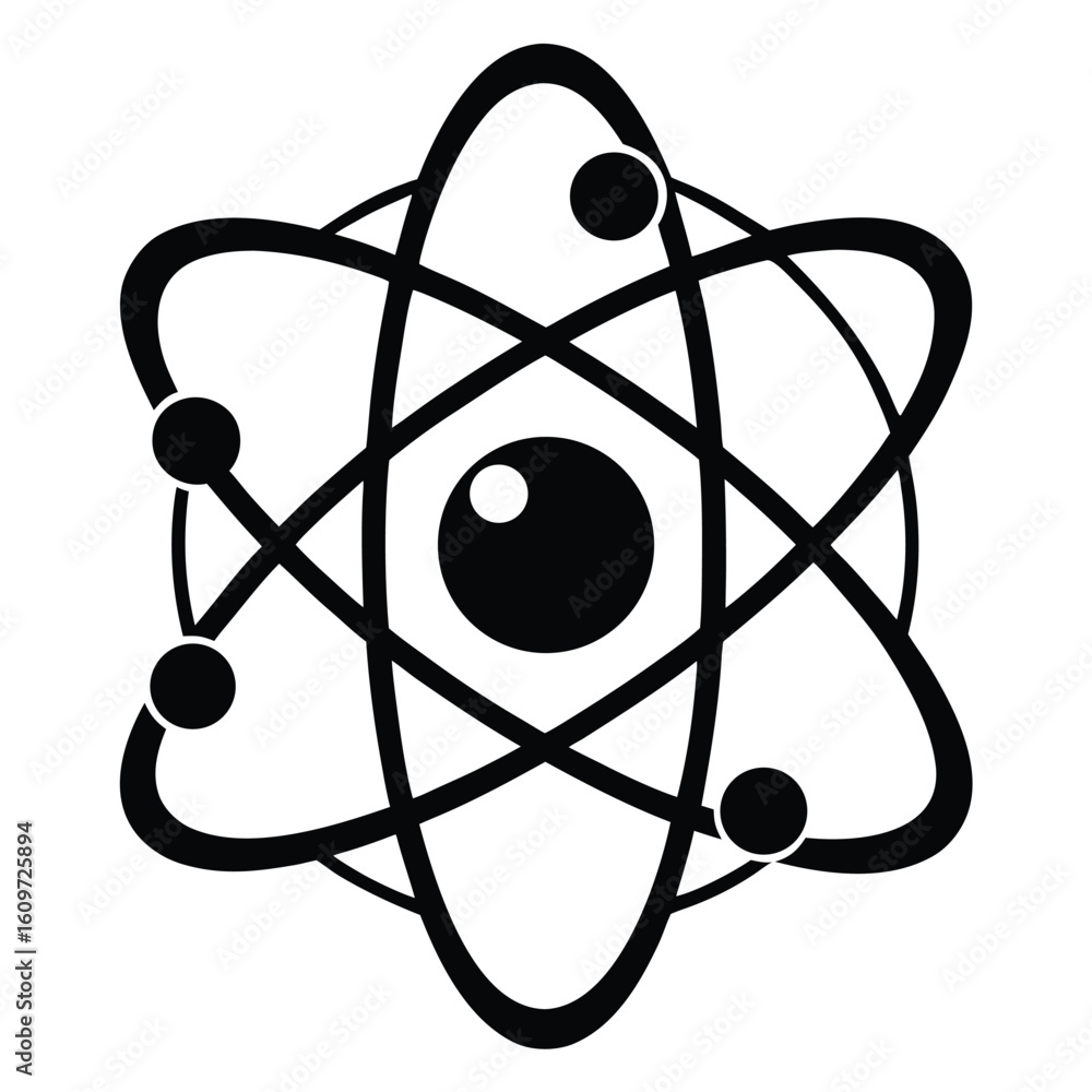 Simple and bold black and white illustration of an atom representing scientific concepts and fundamental physics Simple and bold black and white illustration of an atom representing scientific concepts and fundamental physics