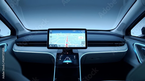 Sleek interior car view, with illuminated trim and navigation display, under blue light