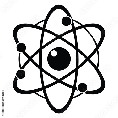 Simple and bold black and white illustration of an atom representing scientific concepts and fundamental physics