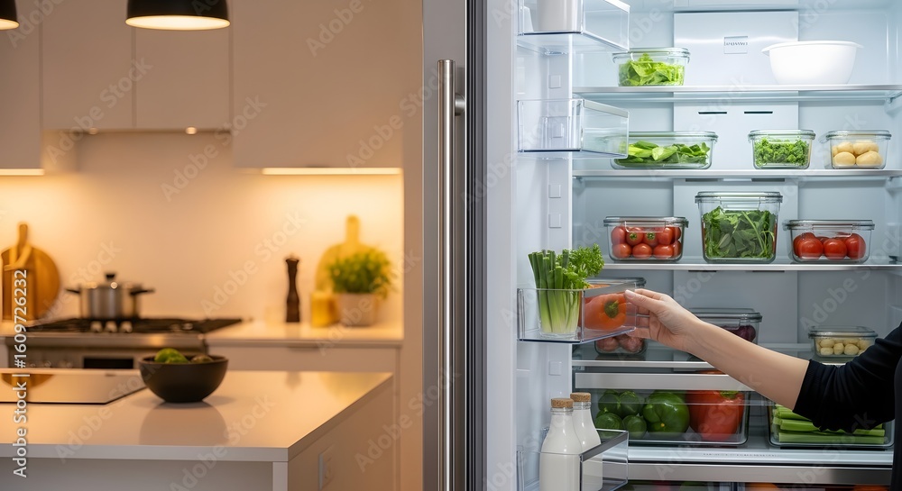 Woman's hand selecting fresh vegetables from a well-organized refrigerator in a modern kitchen, promoting a healthy lifestyle. Woman's hand selecting fresh vegetables from a well-organized refrigerator in a modern kitchen, promoting a healthy lifestyle.