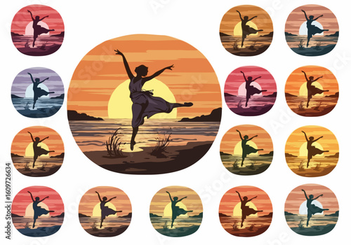 A set of circle icons with a silhouette of a graceful ballerina dancing on a beach at sunset.
