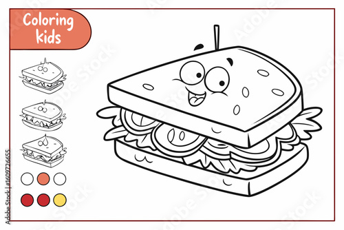 Coloring Pages, cartoon sandwich with layers, colorless, uncolored, black and white for coloring book, coloring page, kids