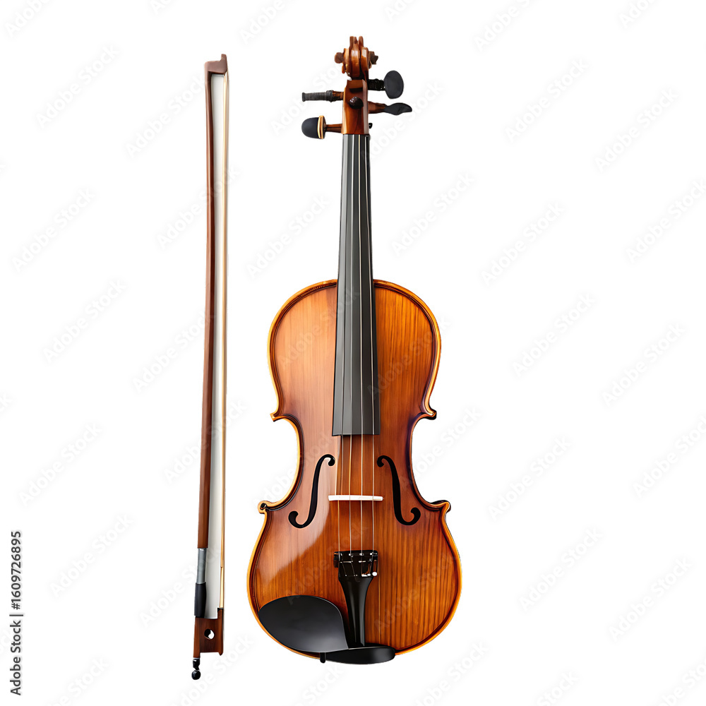 Fototapeta premium A full view of a brown wooden violin with a bow standing next to it against a black background