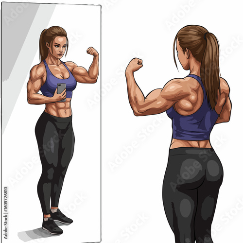 Confident athletic woman flexing her bicep in a mirror on a white background with copy space.