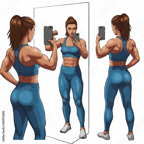 Confident muscular woman taking a selfie in a mirror showing her fit body from different angles on a white background.
