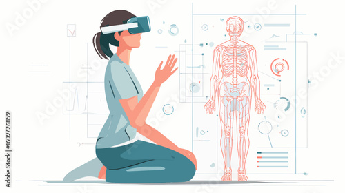 Vector Illustration of Student Using VR Headset to Study Human Anatomy with 3D Holographic Model