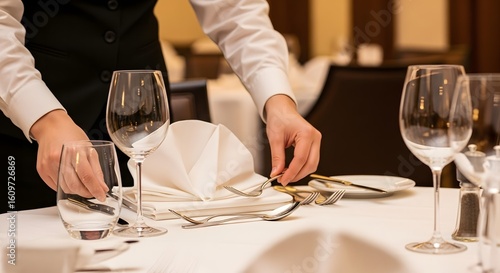 Professional waiter meticulously preparing a formal table setting in a fine dining restaurant, arranging cutlery and a napkin.