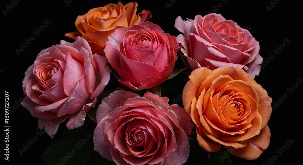Obraz premium Close-up of Pink and Orange Roses on Black Background