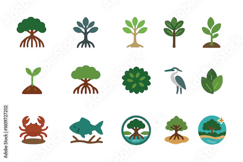 Mangrove Day Eco Icons Set Wildlife, Roots, Water Conservation Symbols Collection