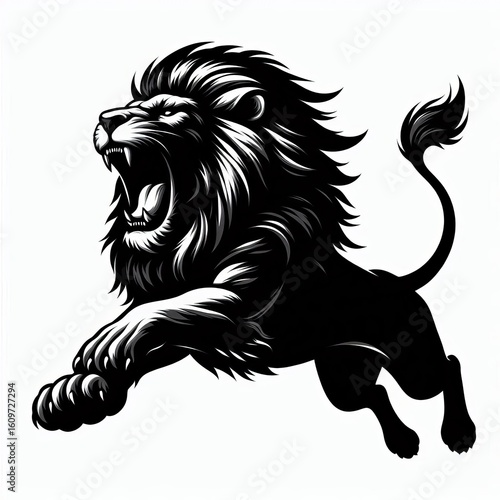 Obraz na płótnie Powerful black lion roaring and leaping with open mouth and mane