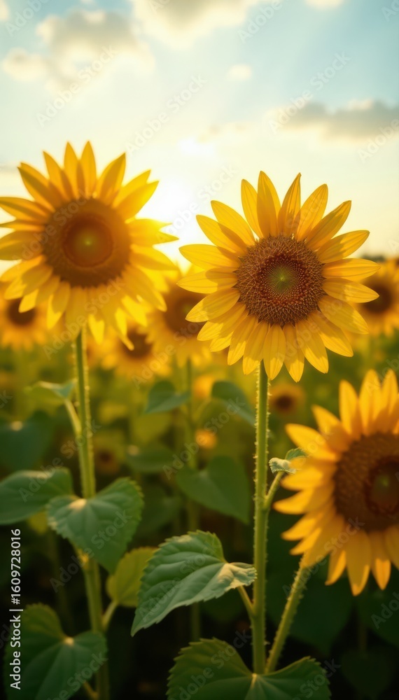 Obraz premium Close-up view of sunflower stalks in a sunlit field, rural, bloom, photography