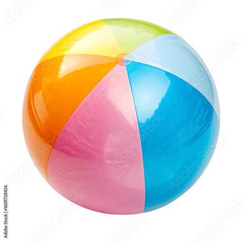 A colorful beach ball with alternating panels of yellow orange pink blue green and white on black background