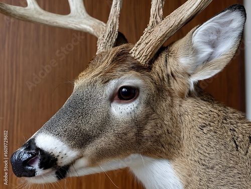 Closeup of a mounted deer head showcasing its antlers with fur, and and eye detail.