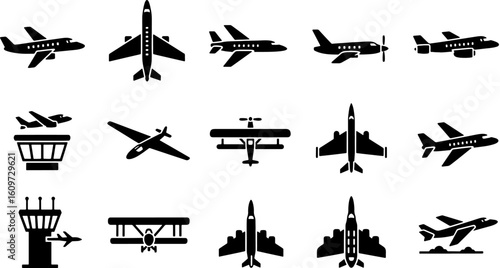 Black Silhouette Airplane and Airport Icons Set for Aviation and Travel Design