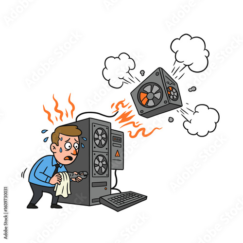 Animated image of an overheating computer causing distress to a person