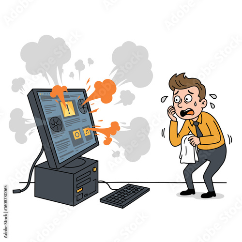 Cartoon of a terrified man next to an exploding computer