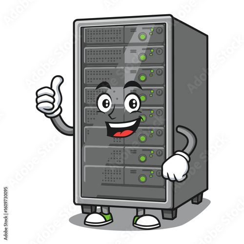 Cartoon server tower character with a thumbsup and cheerful expression