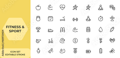 Fitness and sport line style icon set for web and mobile apps. Editable stroke gym icons featuring healthy lifestyle, workout, exercise, diet, nutrition, weight training, body care, wellness and more.