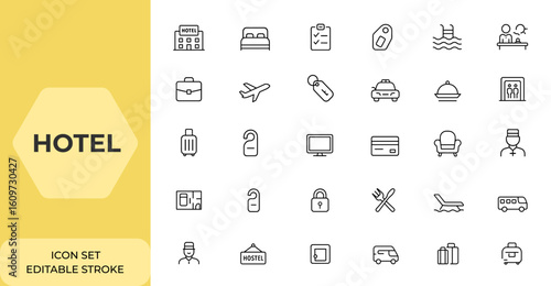 Line style hotel icon set for web and mobile apps. Vacation, travel, rest, relax, and hotel services icons. Vector illustration for tourism and hospitality and more.