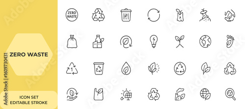 Zero Waste web icon set in linear style. Editable stroke collection of eco-friendly line icons featuring waste management, recycling, composting, trash, pollution, landfill, sorting, and more.