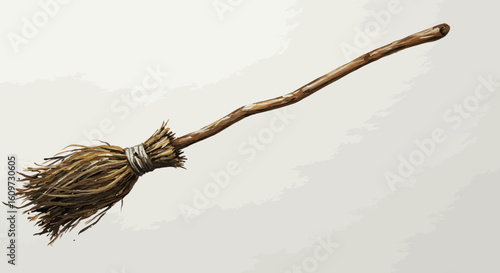 Vintage magical broom illustration isolated on white. A classic symbol of witchcraft and Halloween, featuring a wooden stick and straw bristles.