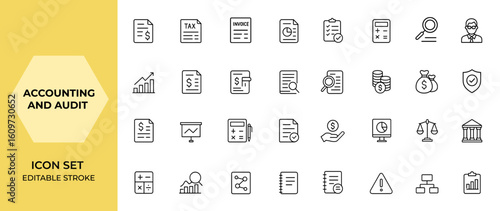 Accounting and audit icon set in line style for web and mobile apps. Includes finance report, tax return, invoice, inspection, auditing, accounting, and more.