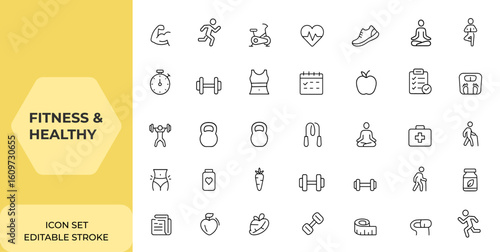 Fitness and healthy lifestyle web icons set in line style. Sport, exercise, gym, physical activity, work and rest, sleep, body care, diet. Editable stroke for mobile and web apps and more.