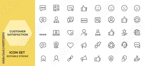 Web icons set for customer satisfaction in line style. Client feedback and testimonial icons for mobile and web apps, including rating, review, like, dislike, customer experience, and more.
