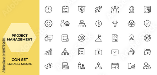 Line style project management icons set for business and organization. Web and mobile app icons for time, planning, marketing, startup, and overall project workflow. Vector illustration