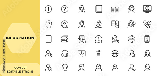 Line style web icons set featuring information, help desk, user manual, guidebook, instruction, reference, assistant, customer support for mobile and web apps, service, FAQ, tutorial, aid and more.